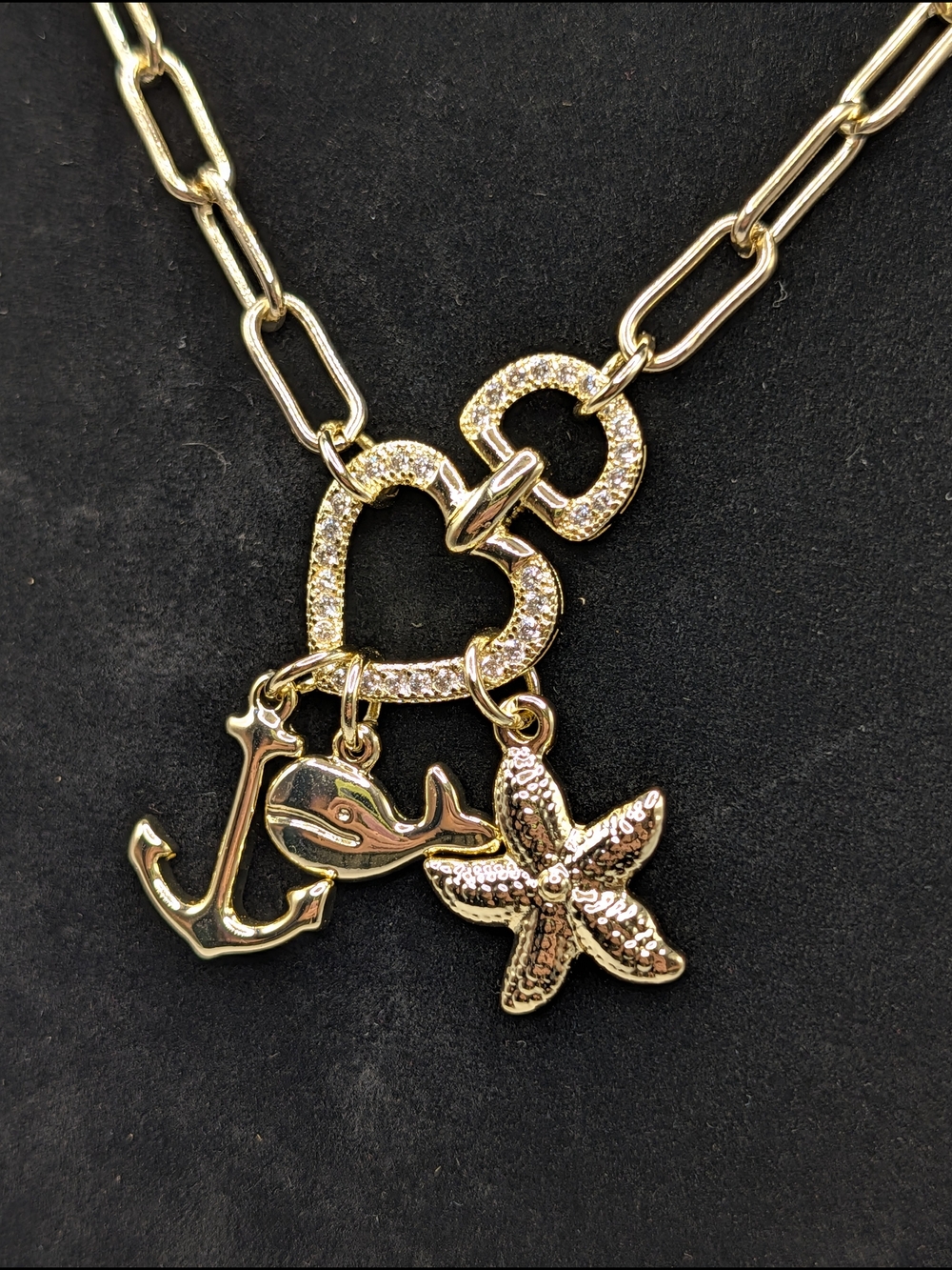 24k Gold Plate Anchor Whale Starfish Charm Necklace With CZ & Paperclip Chain - Picture 3 of 3